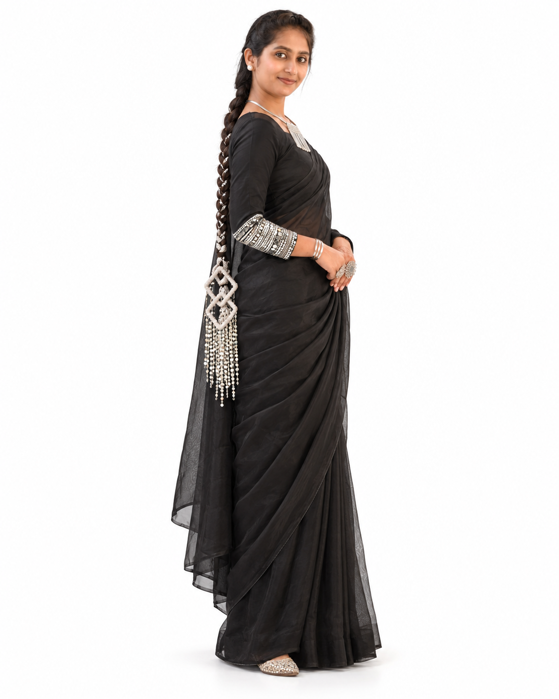 Black Saree with Silver Braid Accent