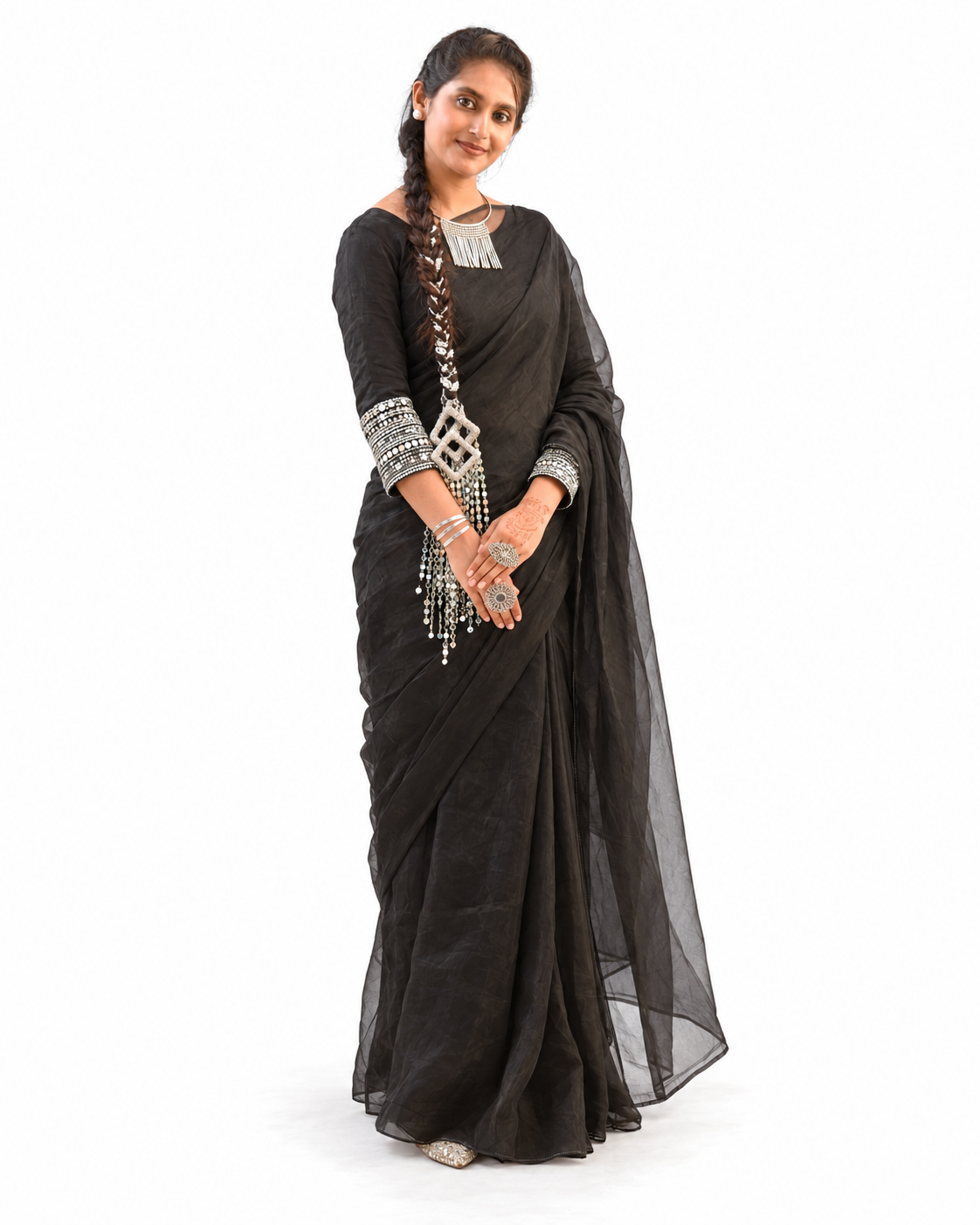 Black Saree with Silver Braid Accent — alternate view