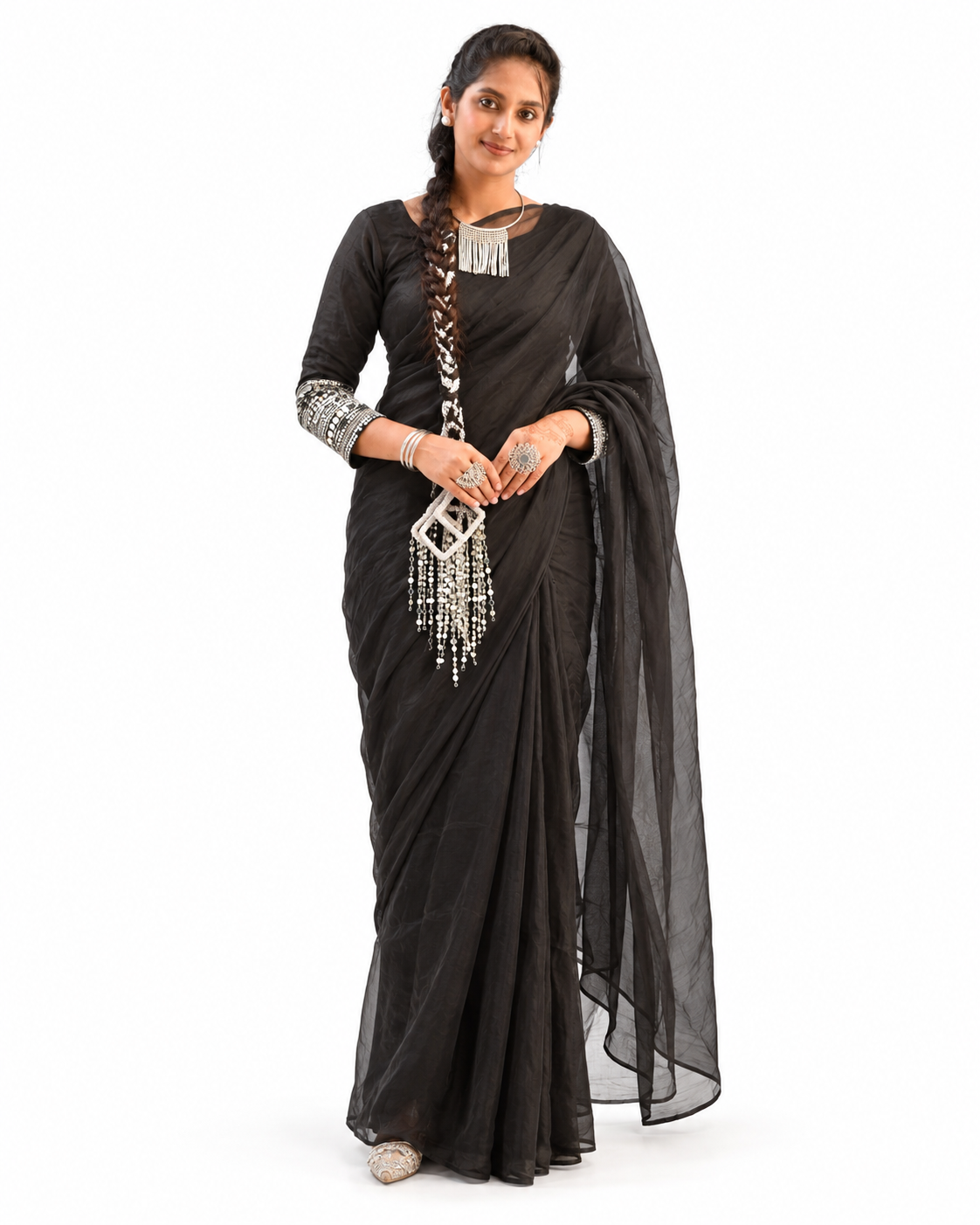 Black Saree with Silver Braid Accent — view 3