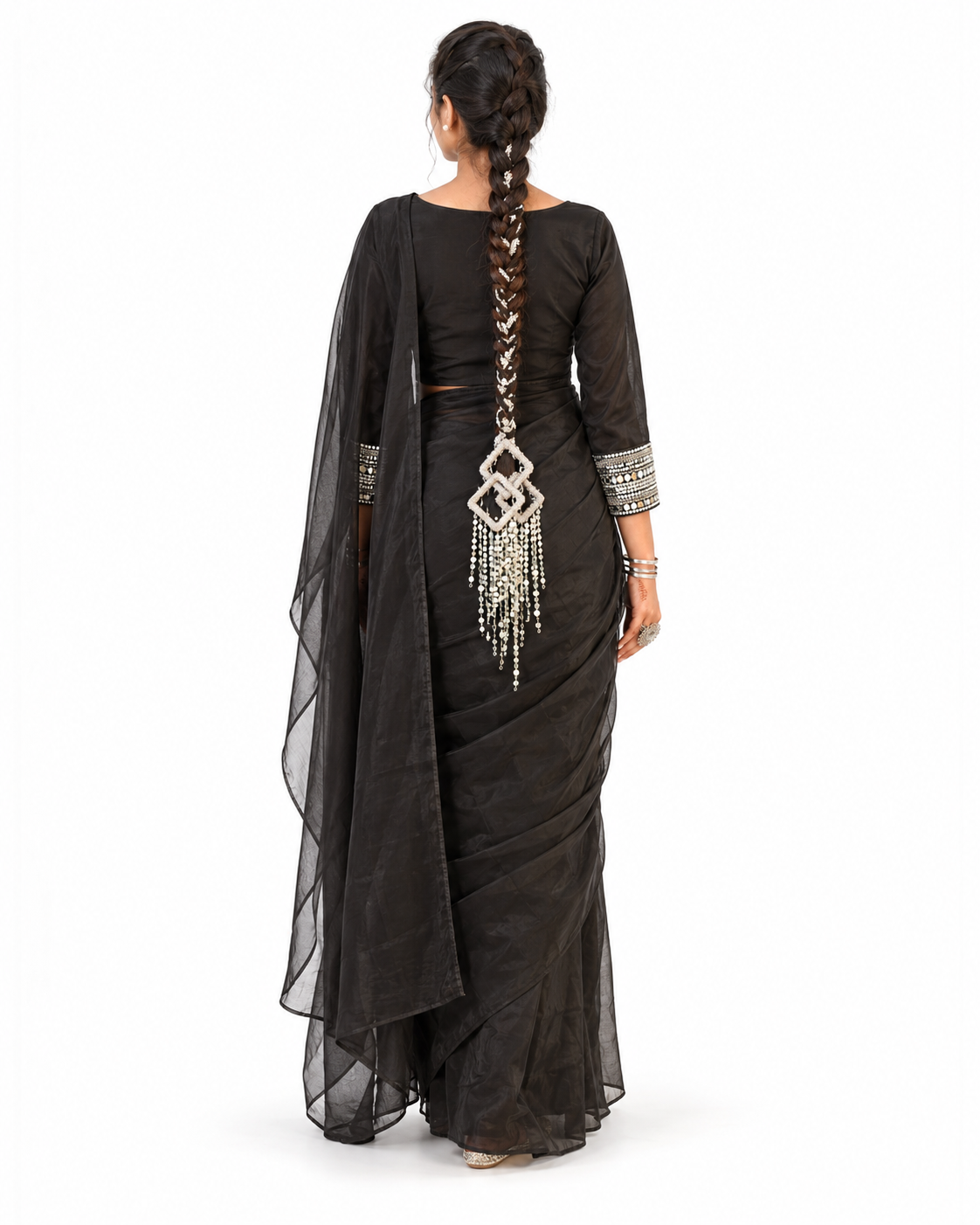 Black Saree with Silver Braid Accent — view 4