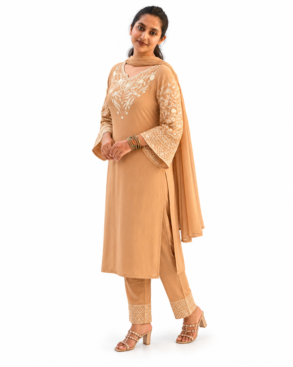 Quiet petals Caramel Embroidered Three-Piece Ensemble — alternate view