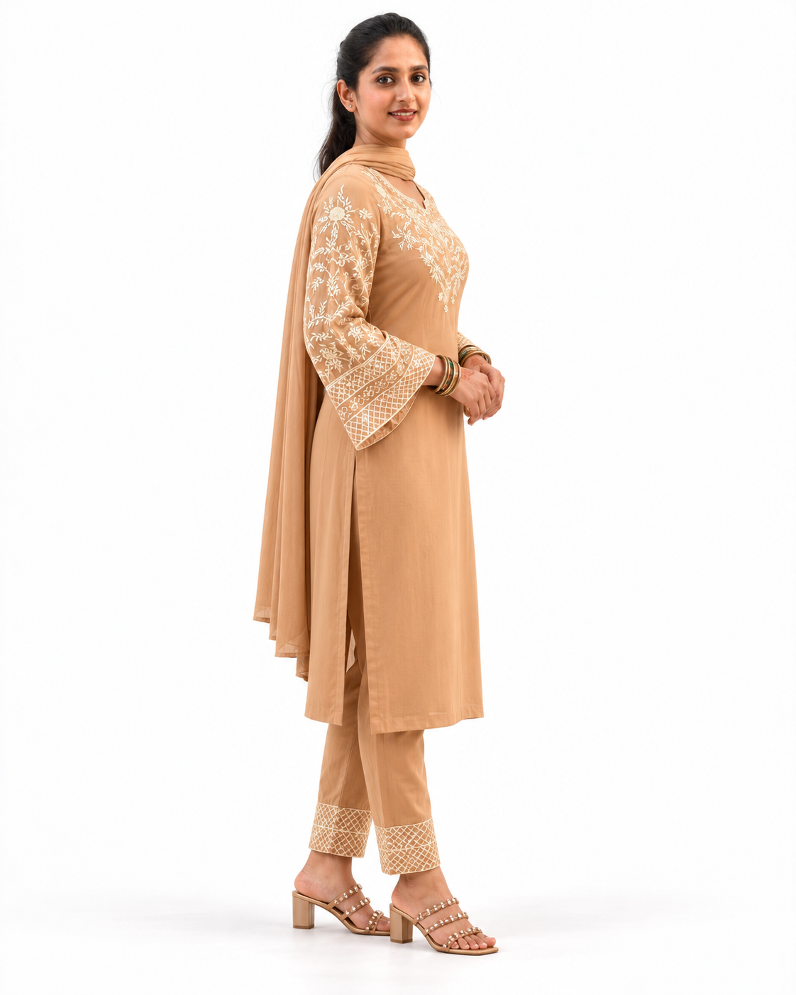 Quiet petals Caramel Embroidered Three-Piece Ensemble — view 3