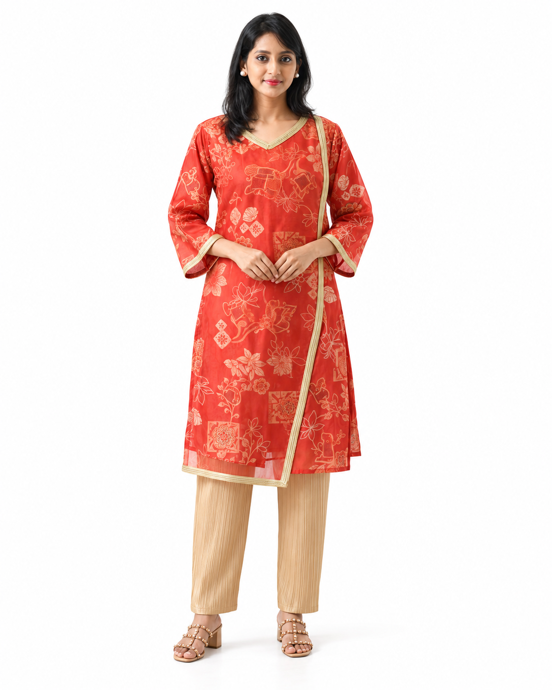 Mehervhnno Coral Organza Kurta with Gold Motifs