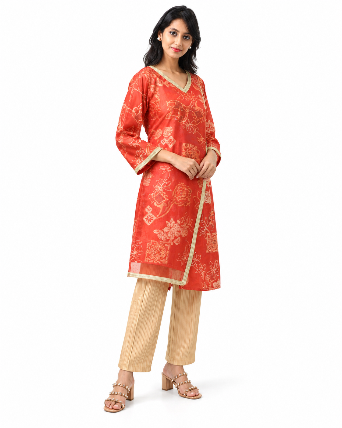 Mehervhnno Coral Organza Kurta with Gold Motifs — alternate view