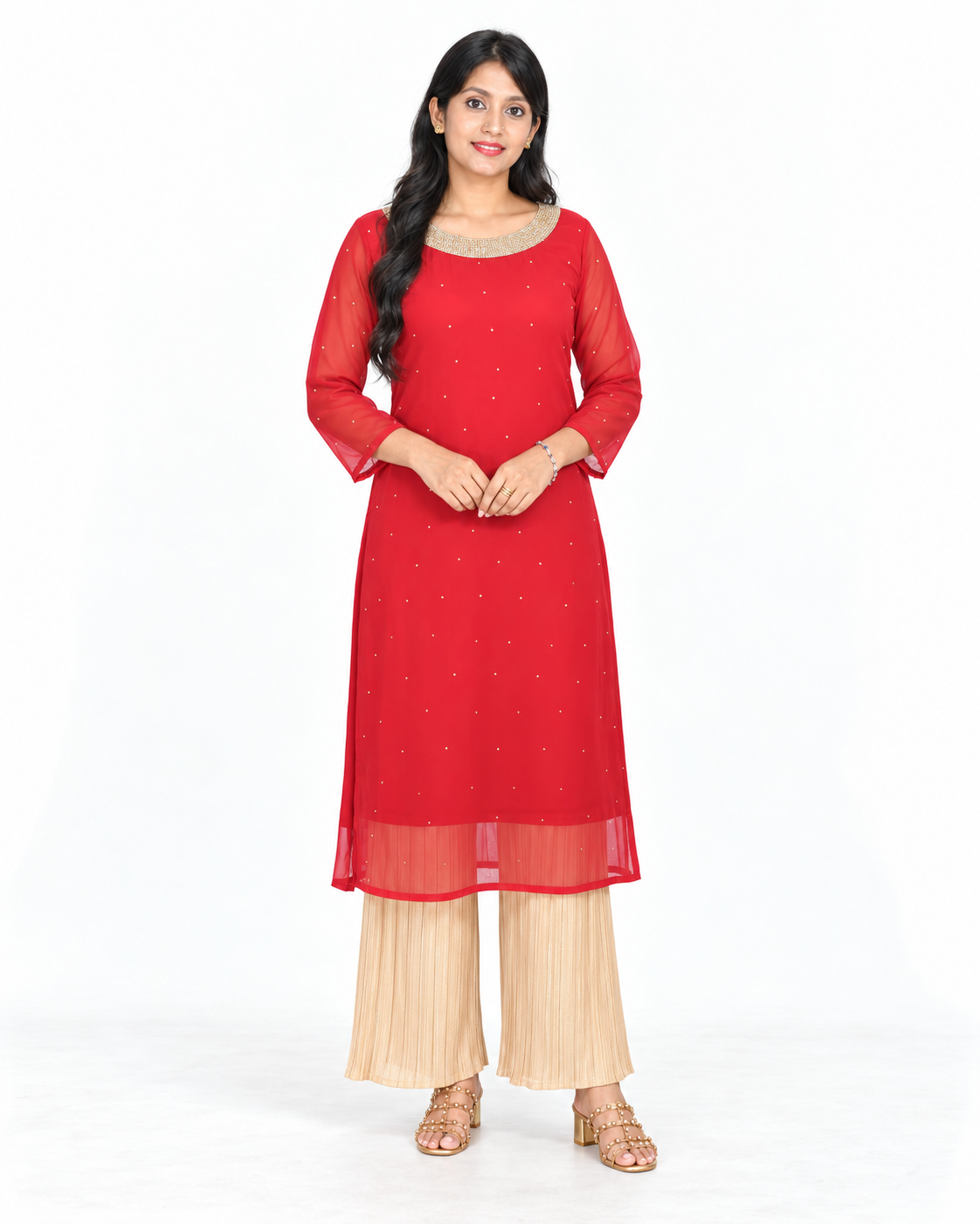 Crimson Red Tunic with Gold Pleated Trousers
