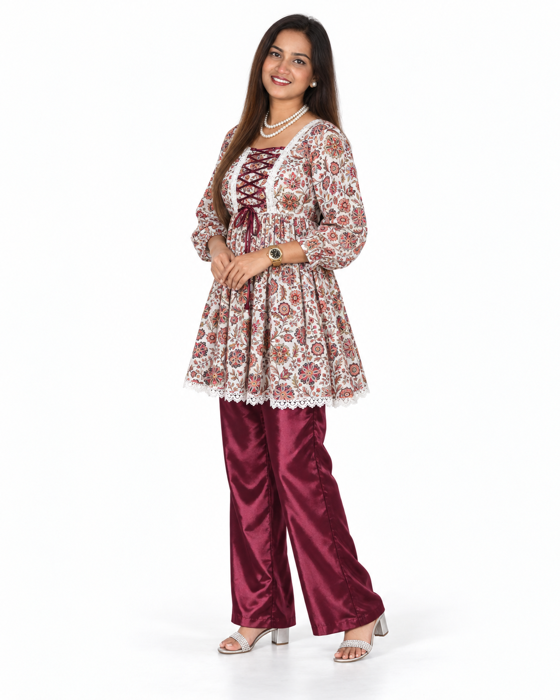 Mrinalini Folk Floral Tunic with Burgundy Trousers