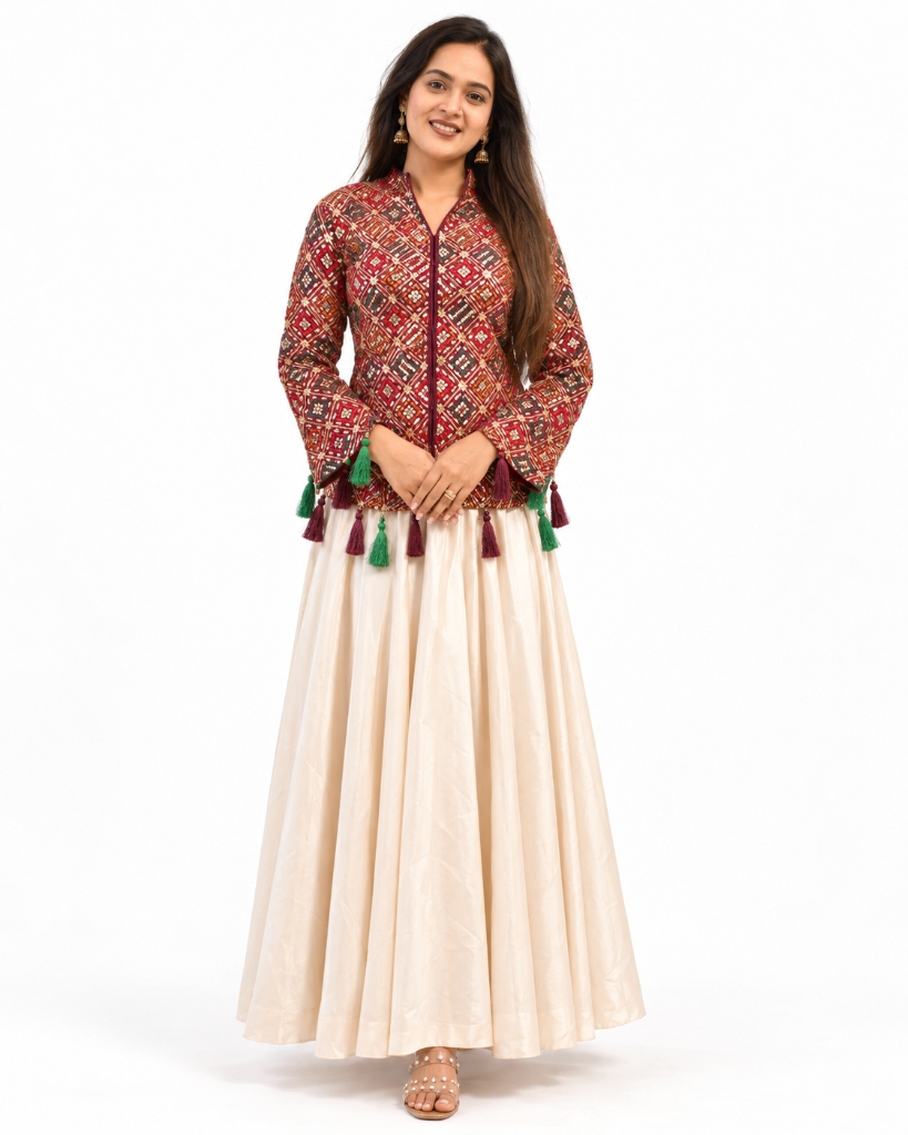 Gulraaz Maroon Tasseled Jacket with Flared Skirt Set