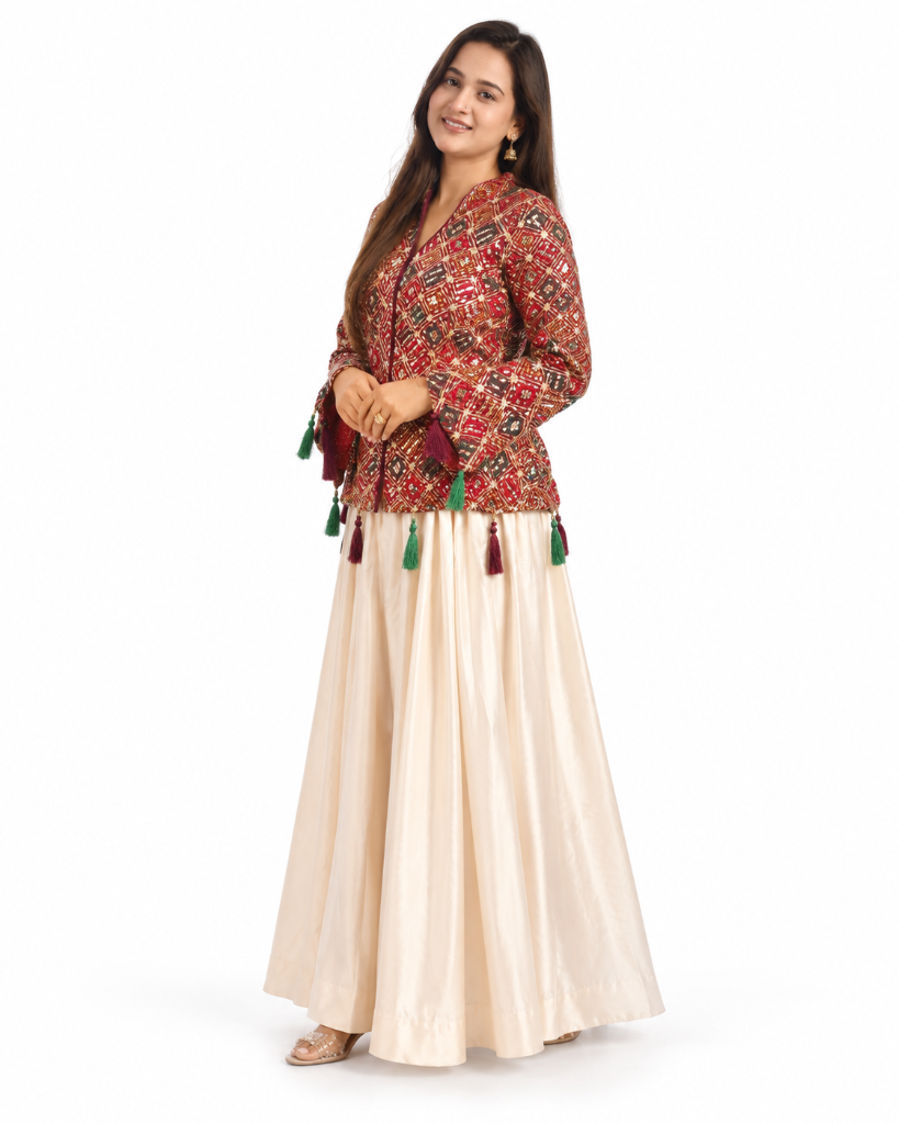 Gulraaz Maroon Tasseled Jacket with Flared Skirt Set — alternate view