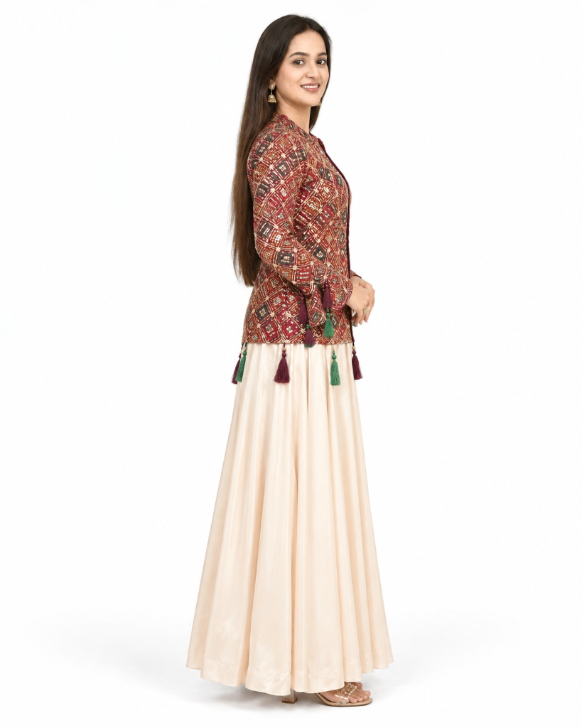 Gulraaz Maroon Tasseled Jacket with Flared Skirt Set — view 3