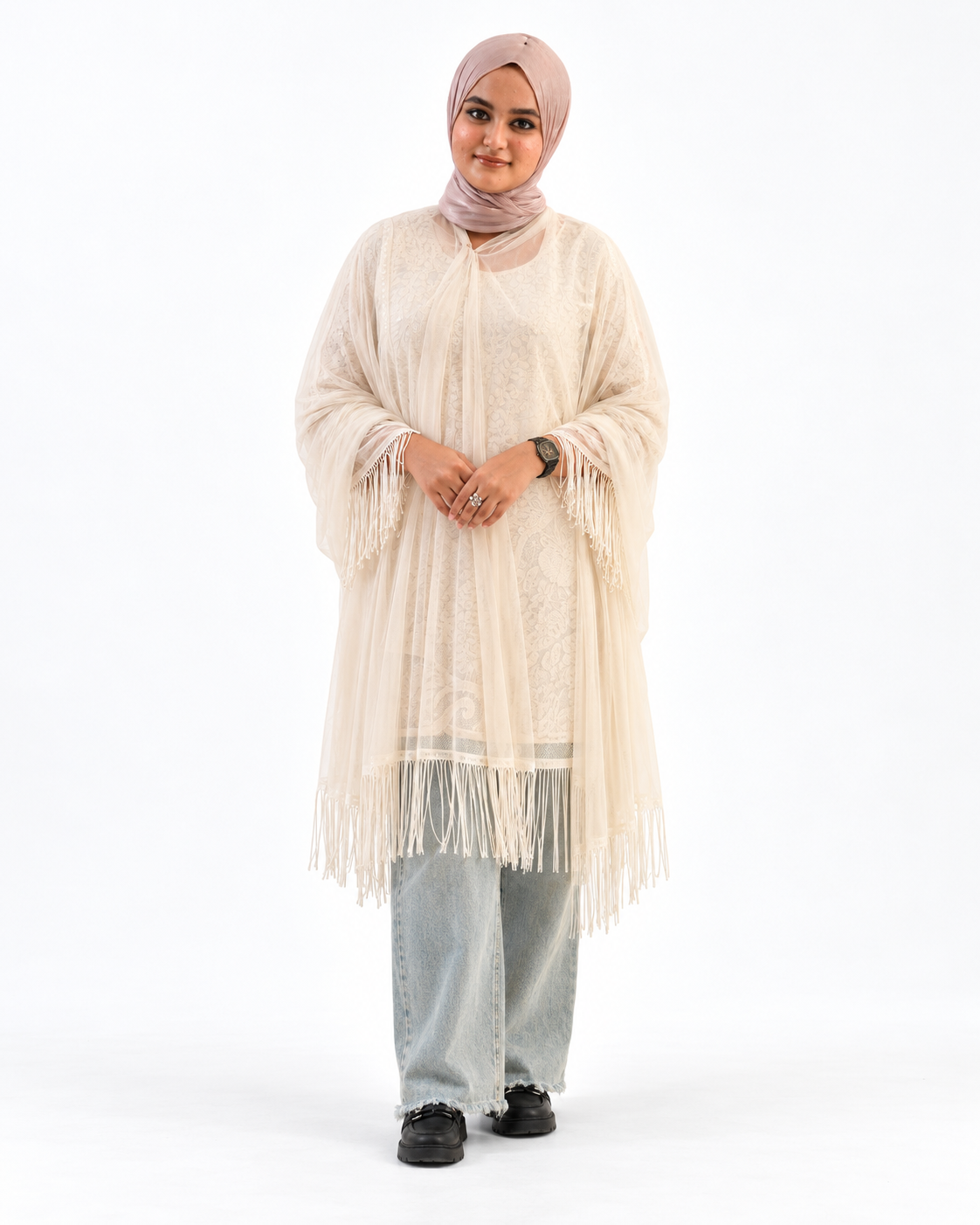 Mauve Fringe Modest Three-Piece — view 4