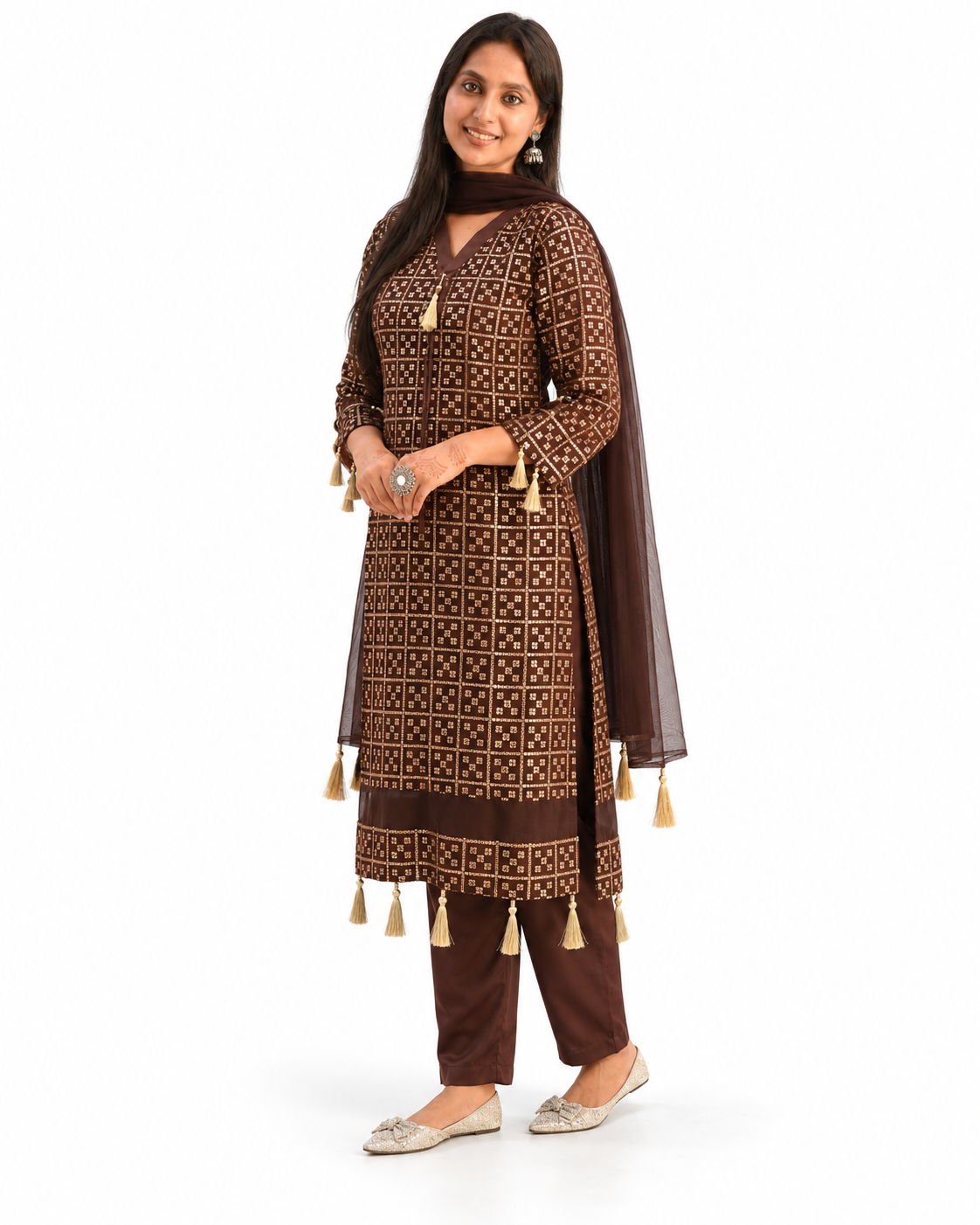 Mocha Gold Gridwork Kurta Set