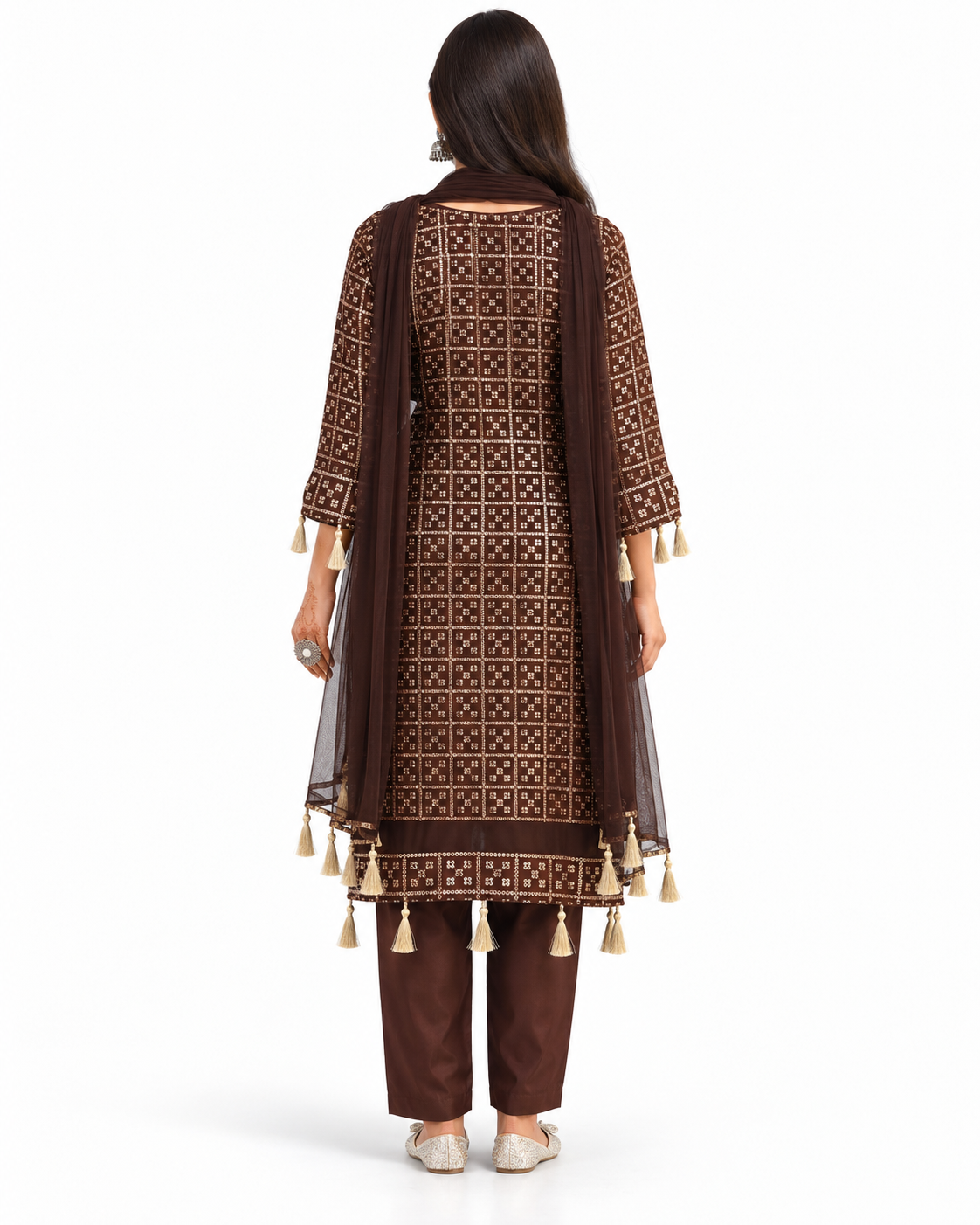 Mocha Gold Gridwork Kurta Set — view 3