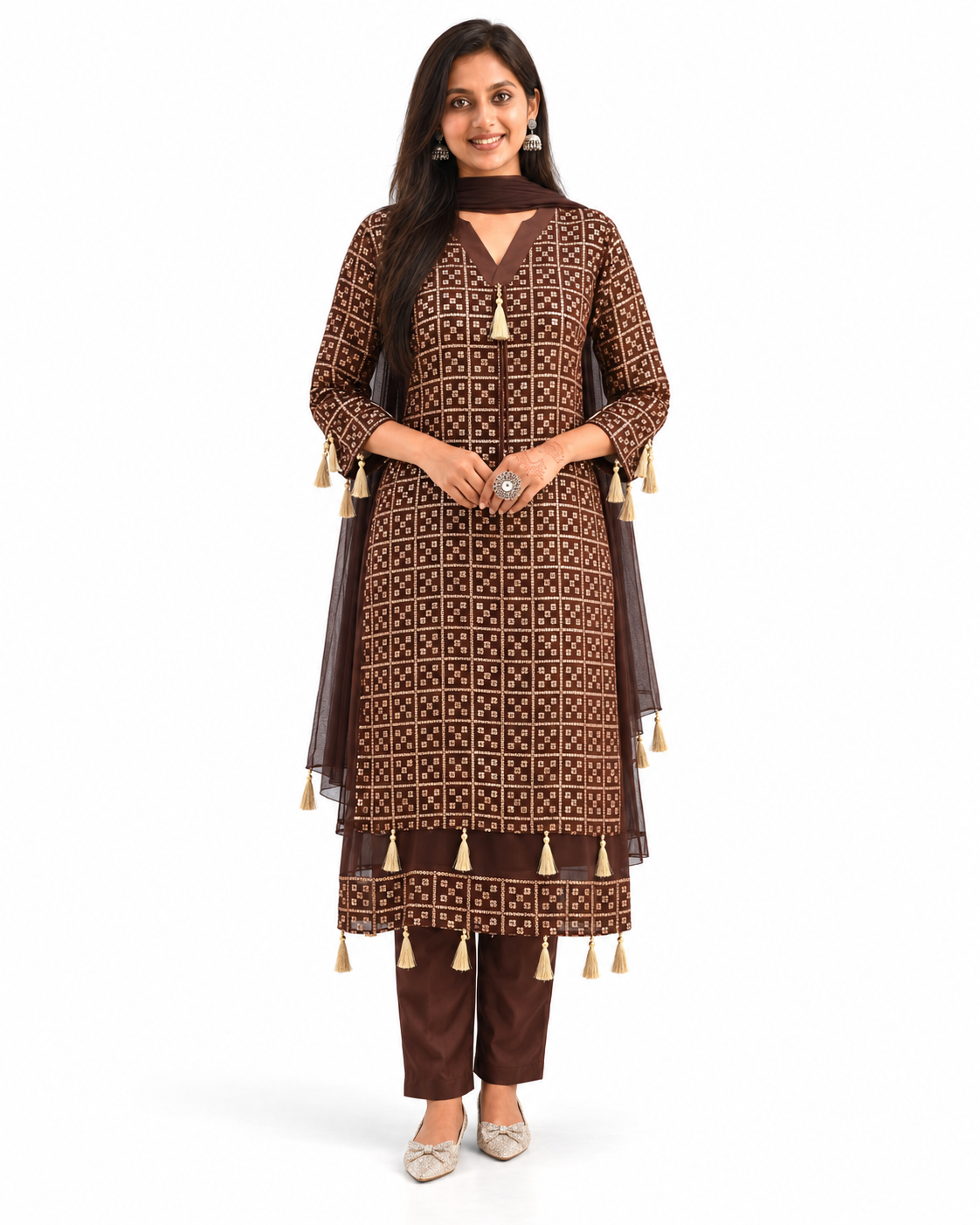 Mocha Gold Gridwork Kurta Set — view 4