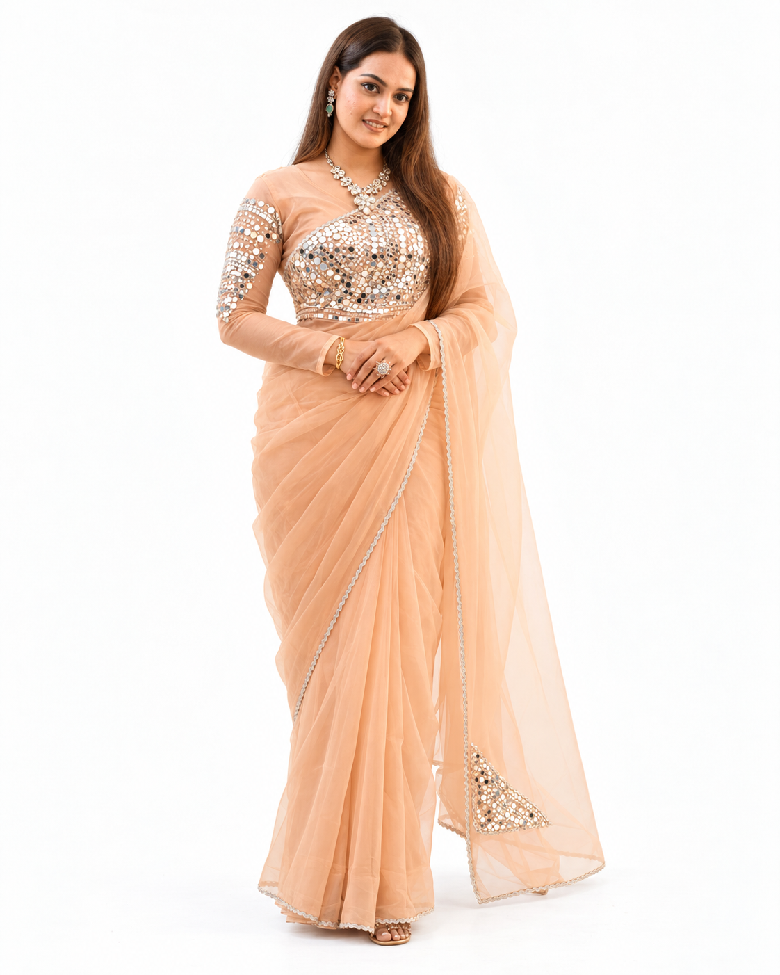 Peach Organza Mirror-Work Saree