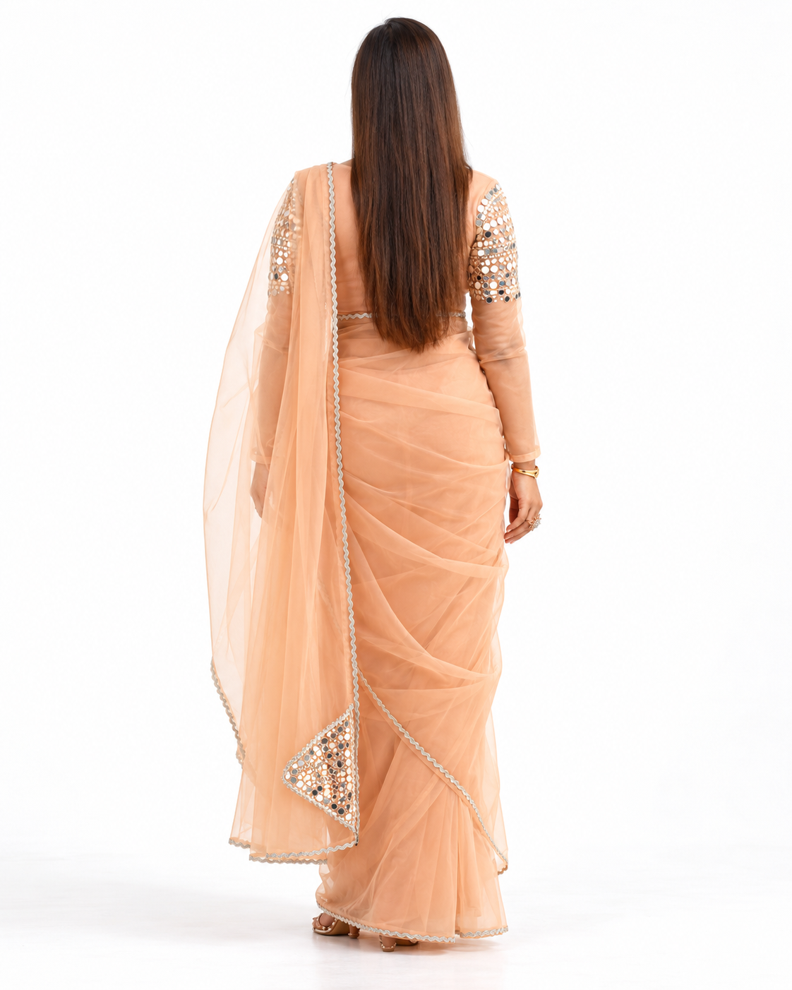 Peach Organza Mirror-Work Saree — view 4