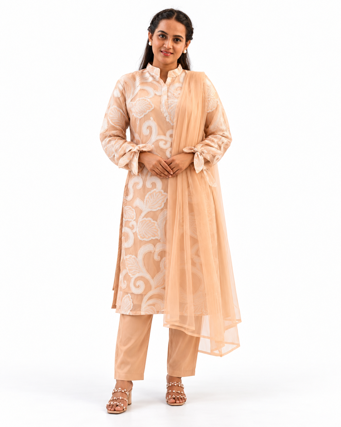 Peach Scrollwork Embroidered Kurta Set