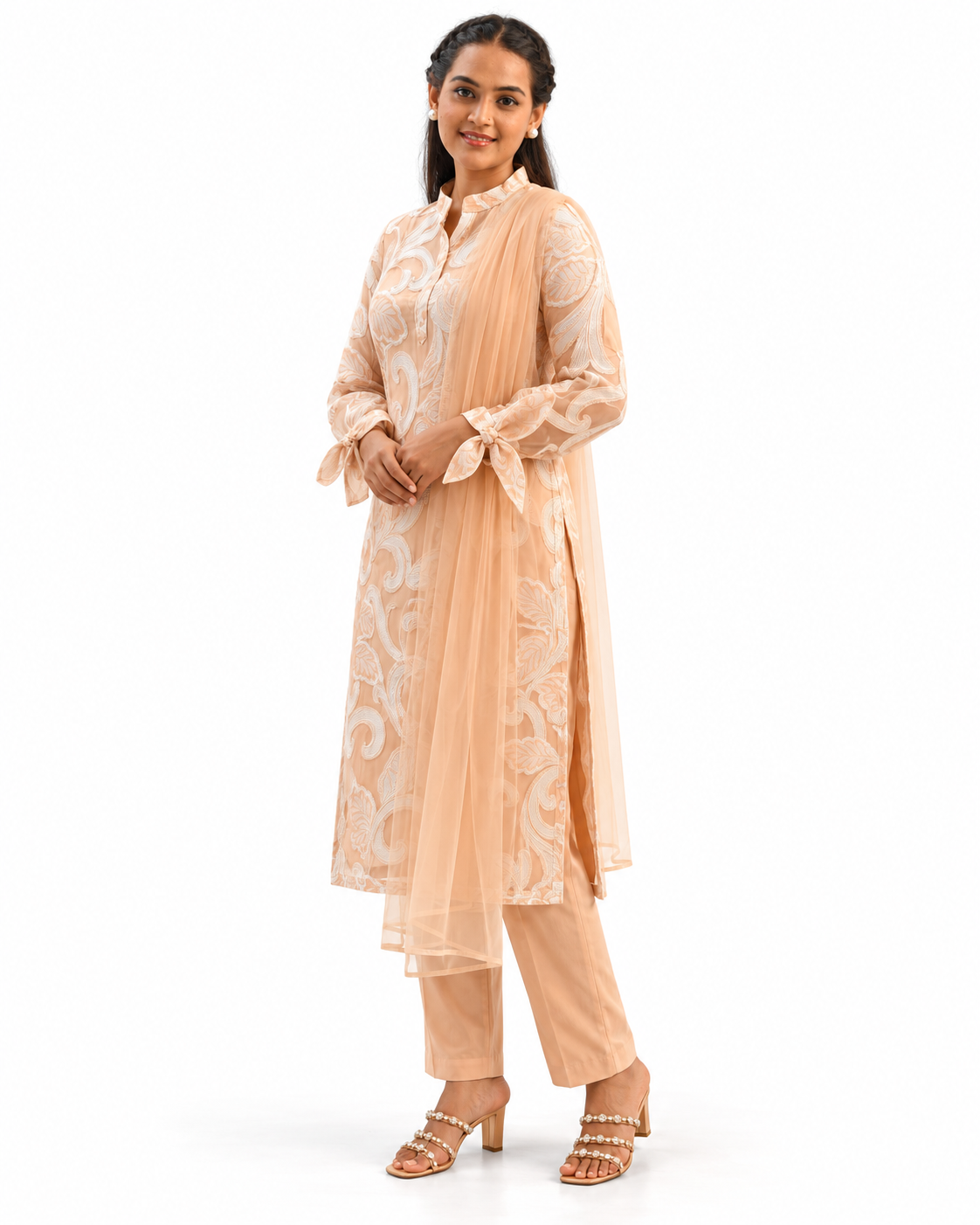 Peach Scrollwork Embroidered Kurta Set — alternate view
