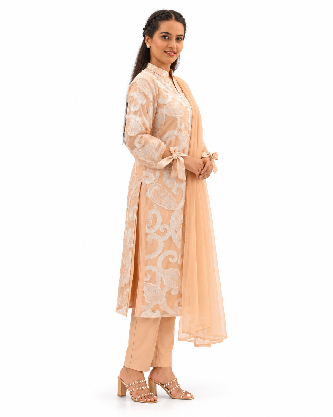 Peach Scrollwork Embroidered Kurta Set — view 3