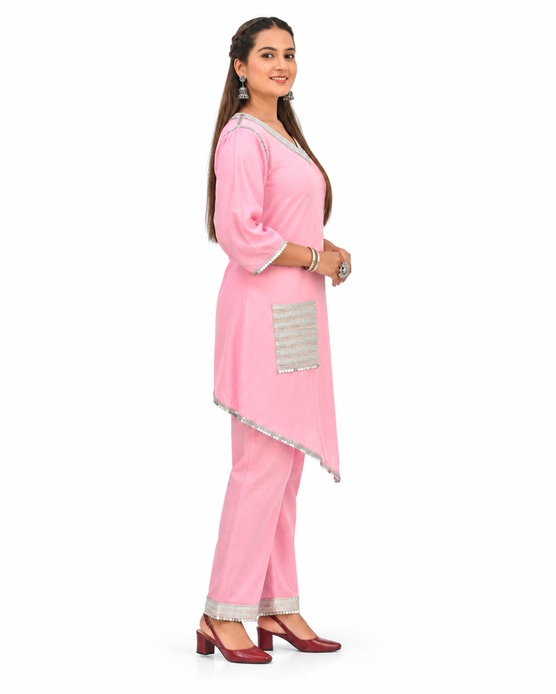 Serene Rose Pink Tunic Set with Silver Trim — alternate view