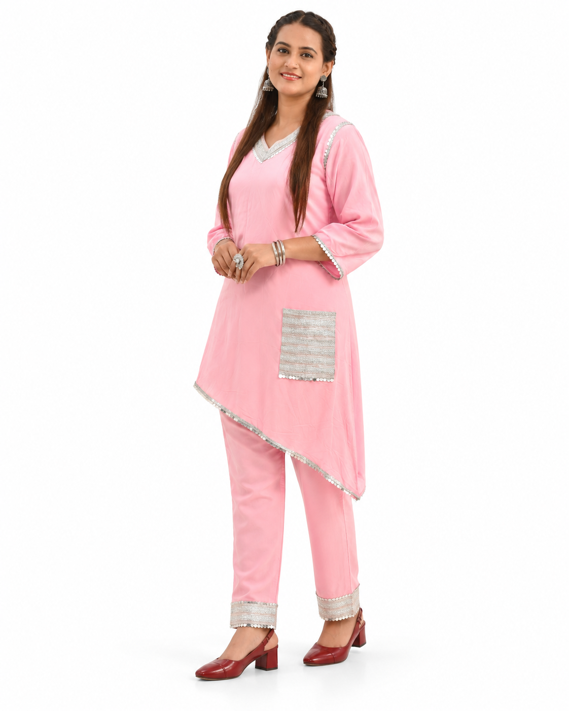 Serene Rose Pink Tunic Set with Silver Trim — view 3