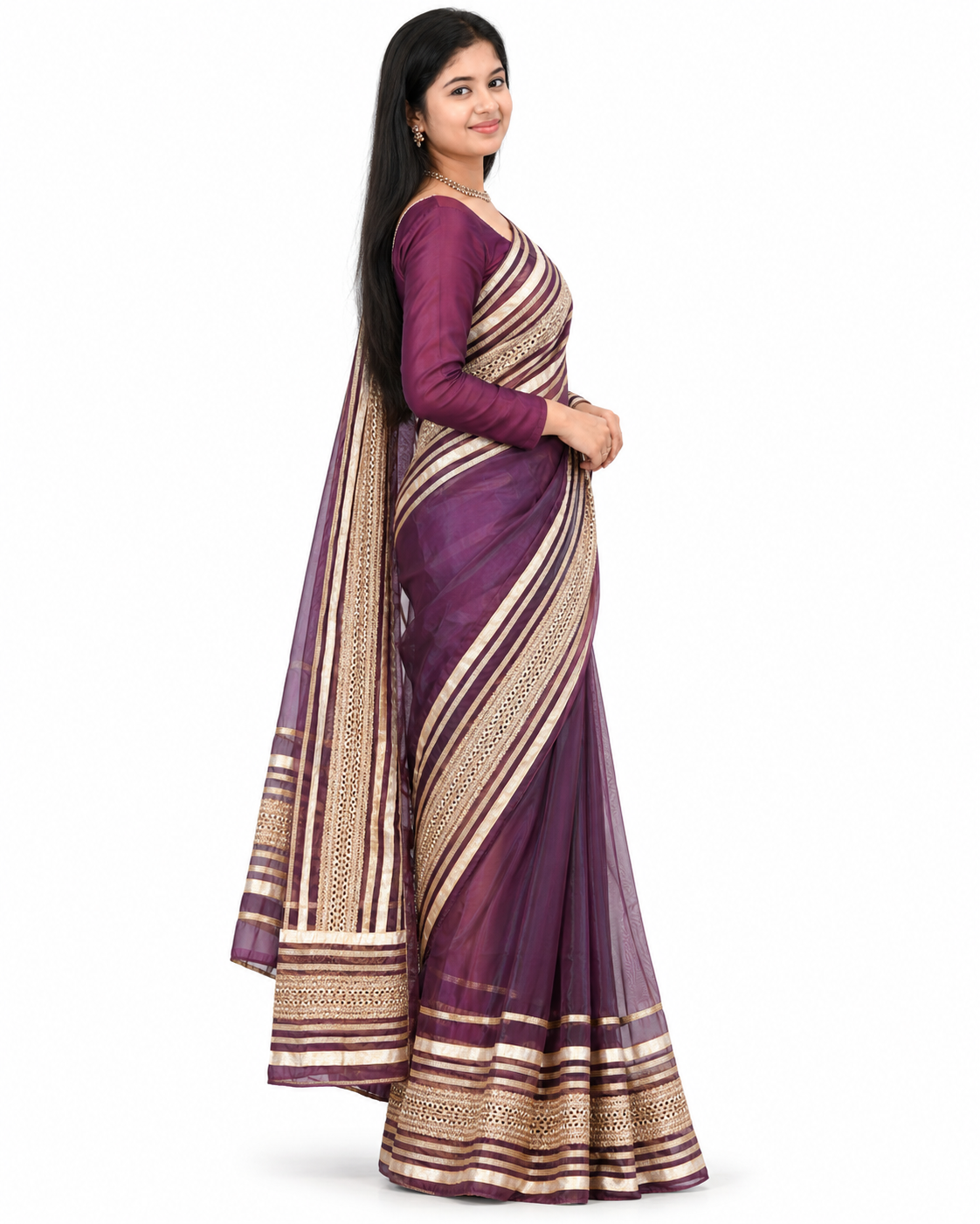 Royal Purple Gold Lace Saree — alternate view