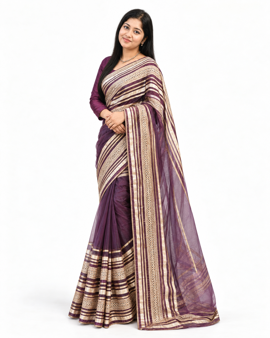 Royal Purple Gold Lace Saree — view 3