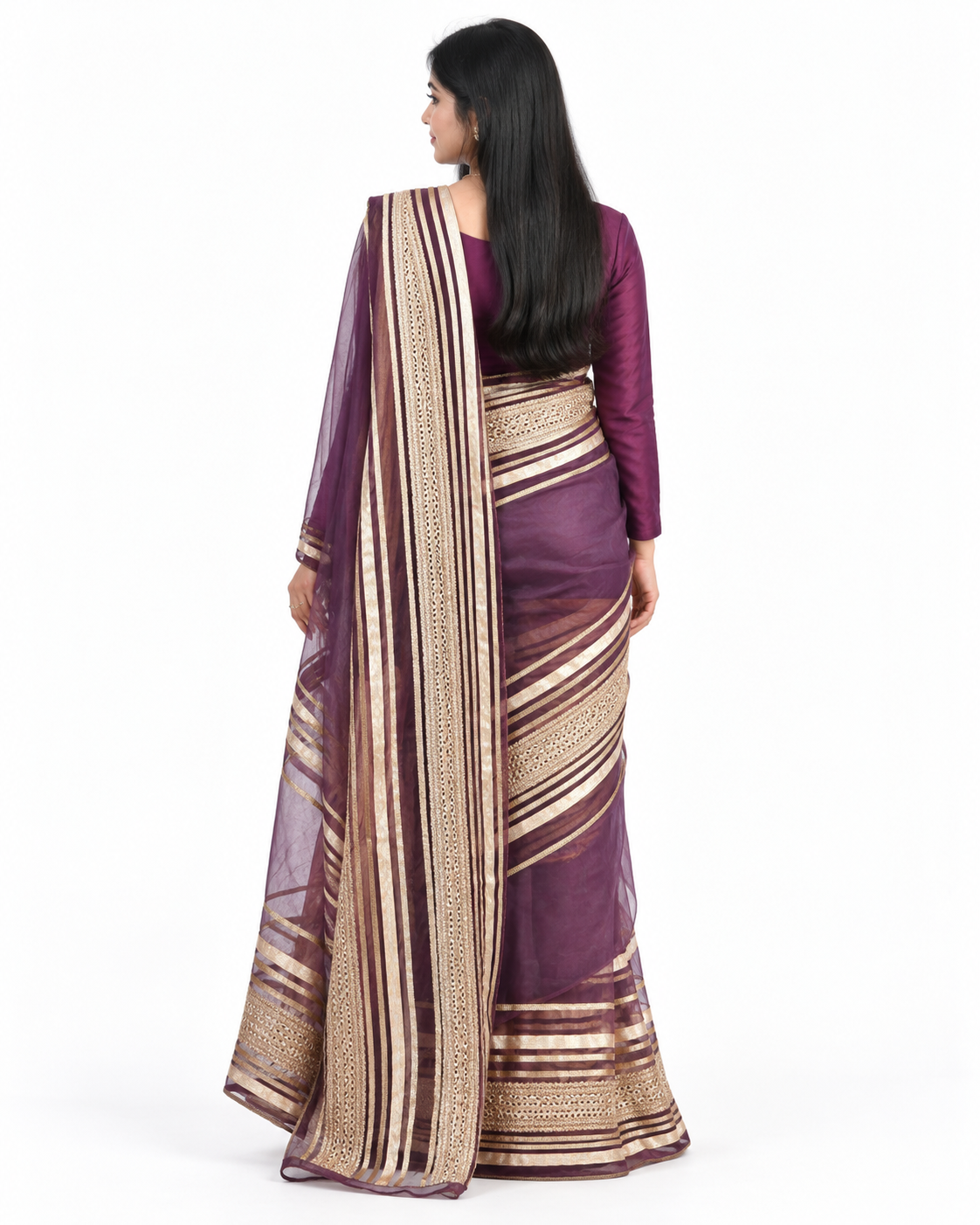 Royal Purple Gold Lace Saree — view 4