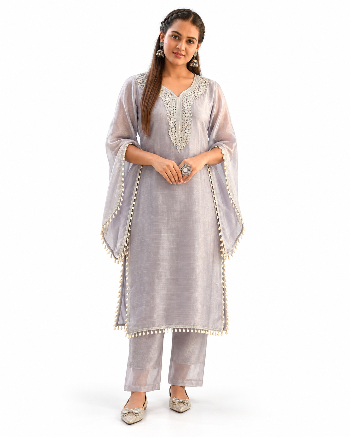 Lunar Grace Pearl-Trimmed Silver Grey Kurta Set