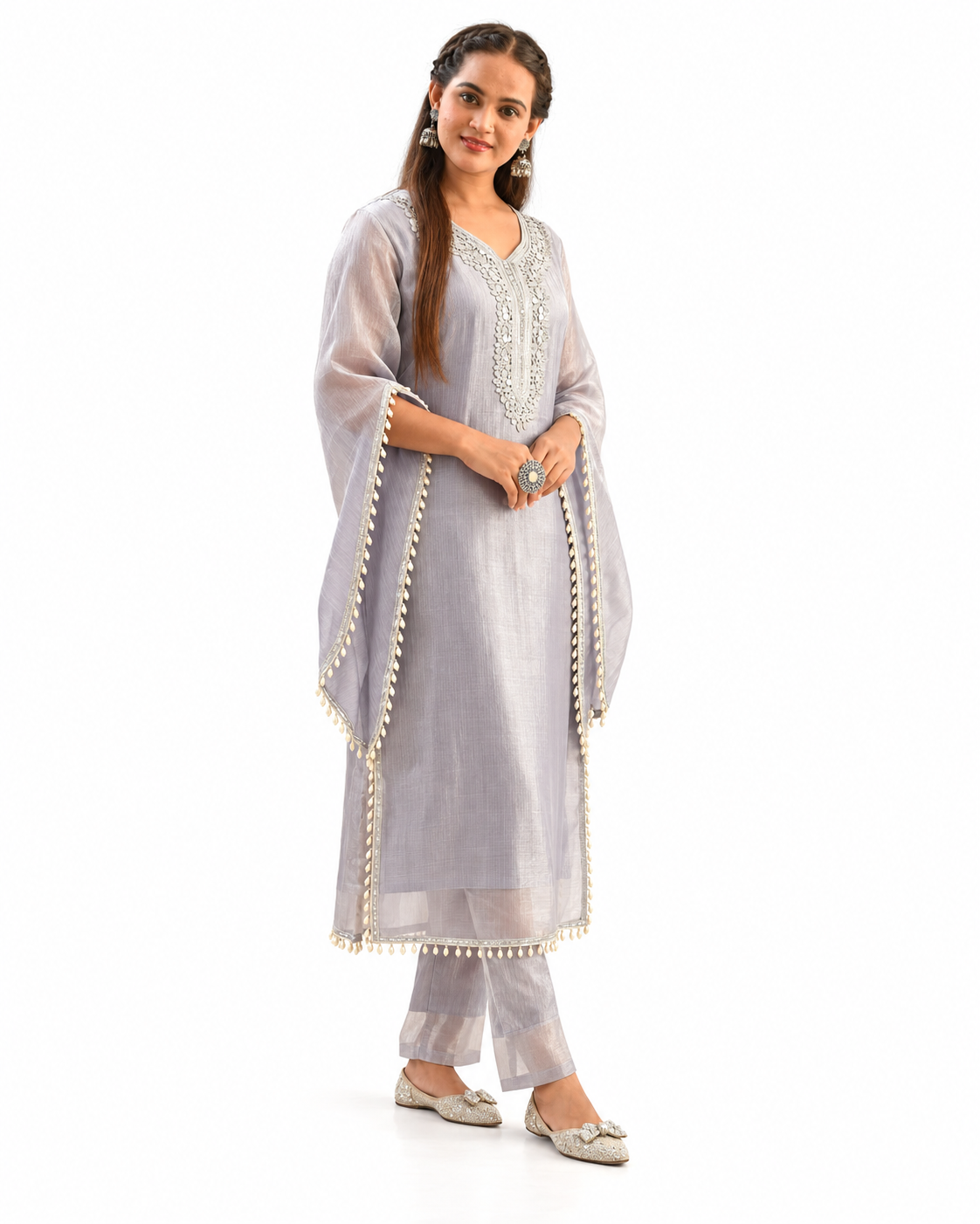 Lunar Grace Pearl-Trimmed Silver Grey Kurta Set — alternate view