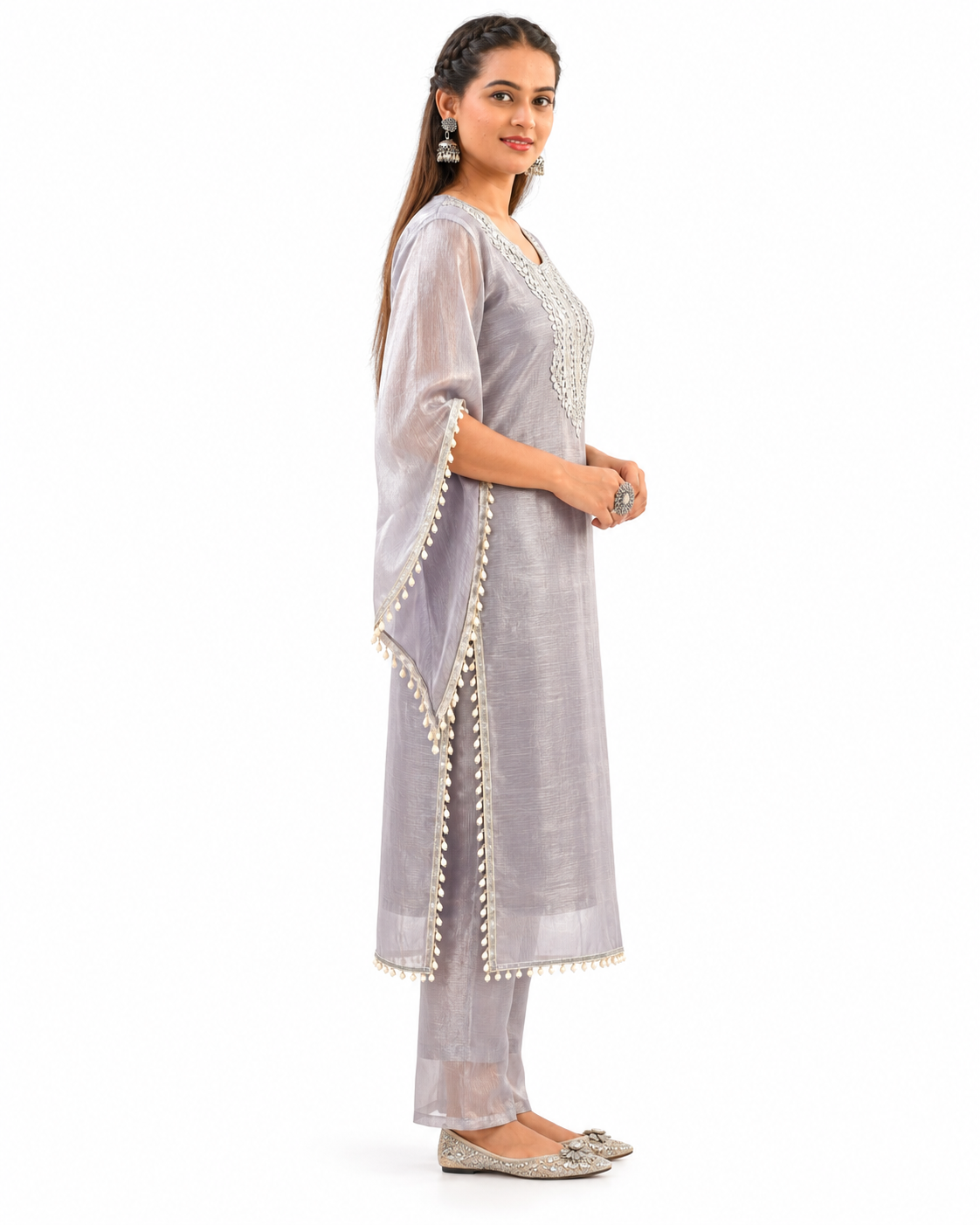 Lunar Grace Pearl-Trimmed Silver Grey Kurta Set — view 3