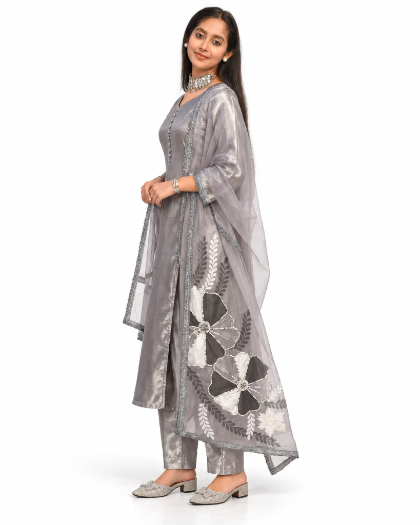 Moonveil Metallic Silver Silk Three-Piece Ensemble — view 3