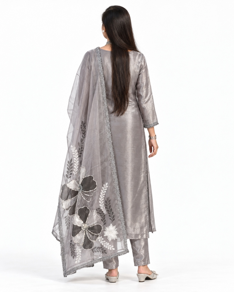 Moonveil Metallic Silver Silk Three-Piece Ensemble — view 4