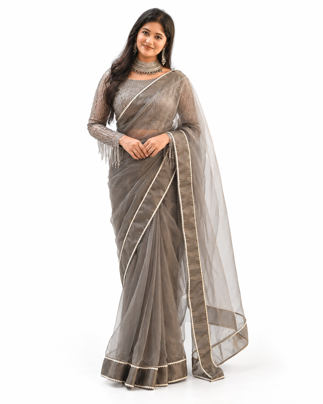 Smoky Grey Organza Saree