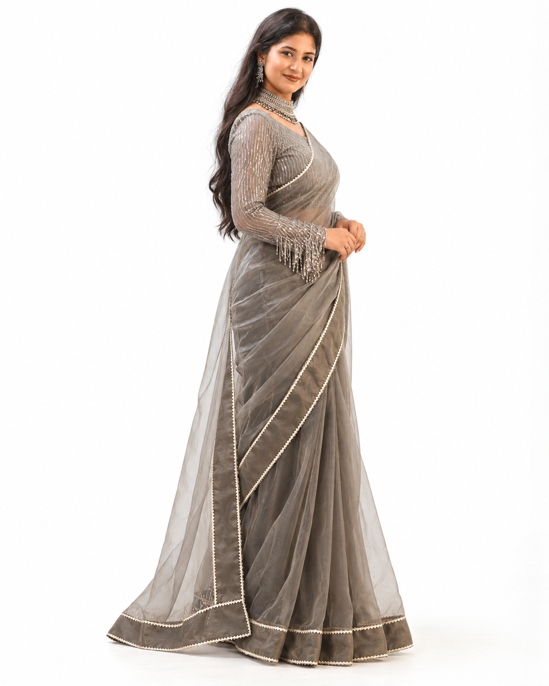 Smoky Grey Organza Saree — view 3