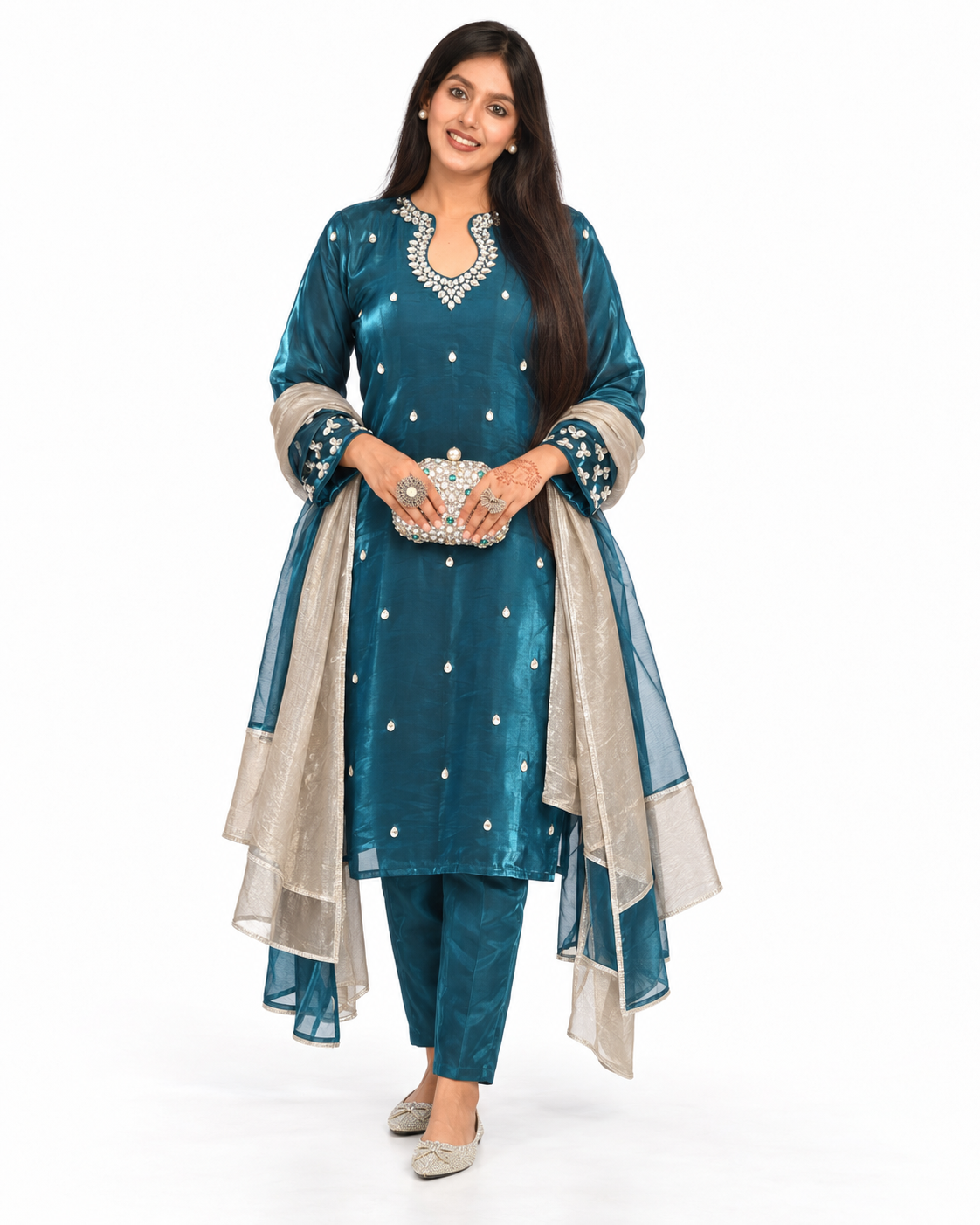 Noor-e-Shab Imperial Teal Silk Ensemble