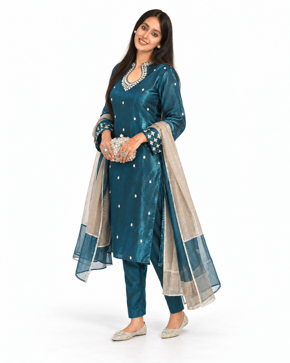 Noor-e-Shab Imperial Teal Silk Ensemble — alternate view
