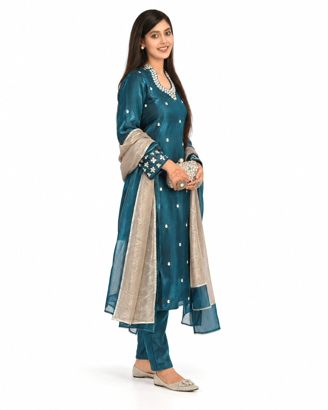 Noor-e-Shab Imperial Teal Silk Ensemble — view 3