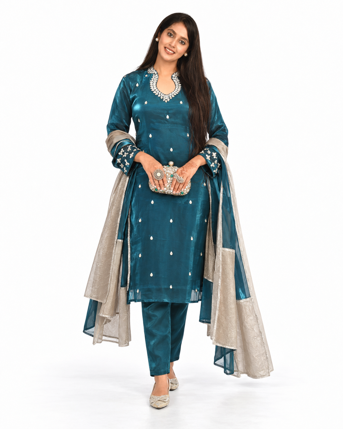 Noor-e-Shab Imperial Teal Silk Ensemble — view 4
